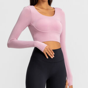 Bestwin Breathable Crop Top Long sleeve In Pink Open Back Yoga Shirt For Women