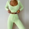 Bestwin Workout Outfits for Women 2 Piece Ribbed Long Sleeve Crop Top Tummy Control Leggings Sets - Image 4