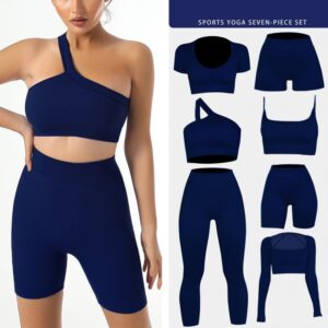 Women's 4 Piece Outfits Ribbed Exercise Scoop Neck Sports Bra One Shoulder Tops