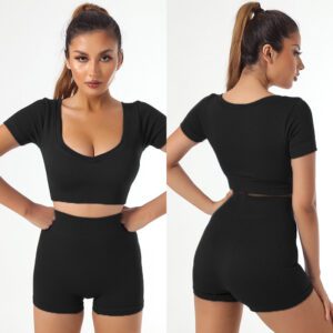 Women's 4 Piece Outfits Ribbed Exercise Scoop Neck Sports Bra One Shoulder Tops