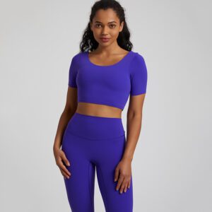 Women Seamless Yoga Outfits 2 Piece Workout Short Sleeve Crop Top with High Waisted Running Shorts Sets Activewear